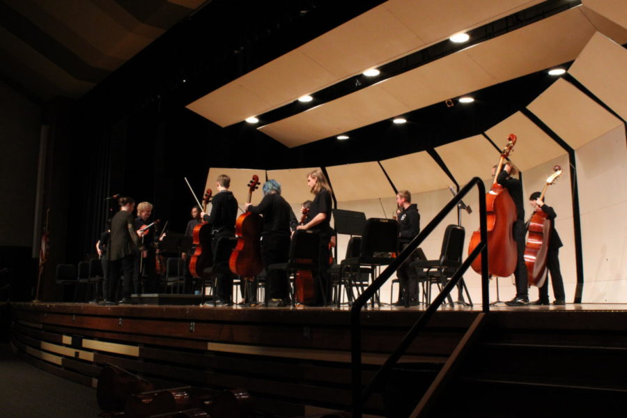 Members of the Symphony Strings standing after their performance.