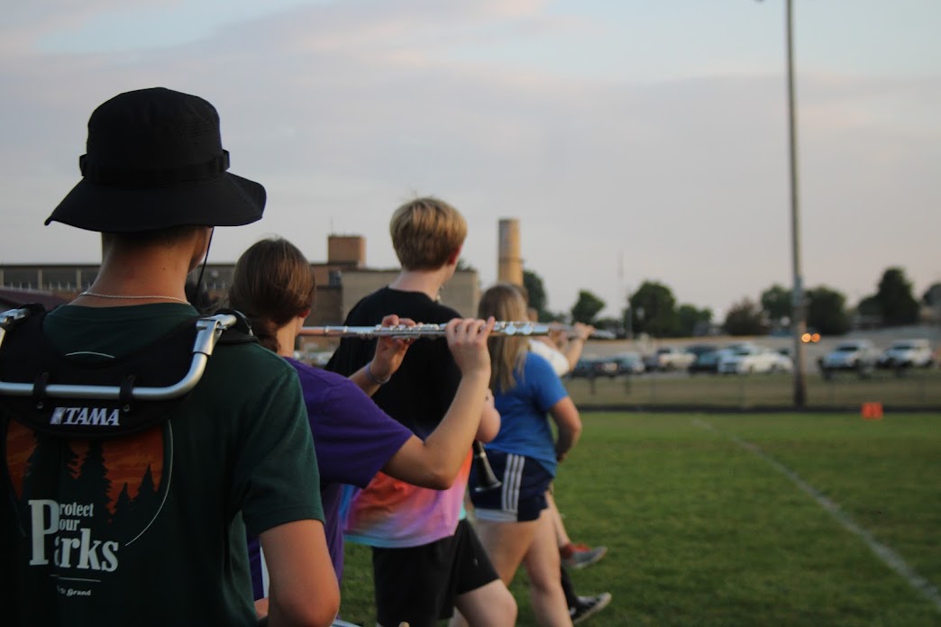Band members doing practices to improve marching skills.