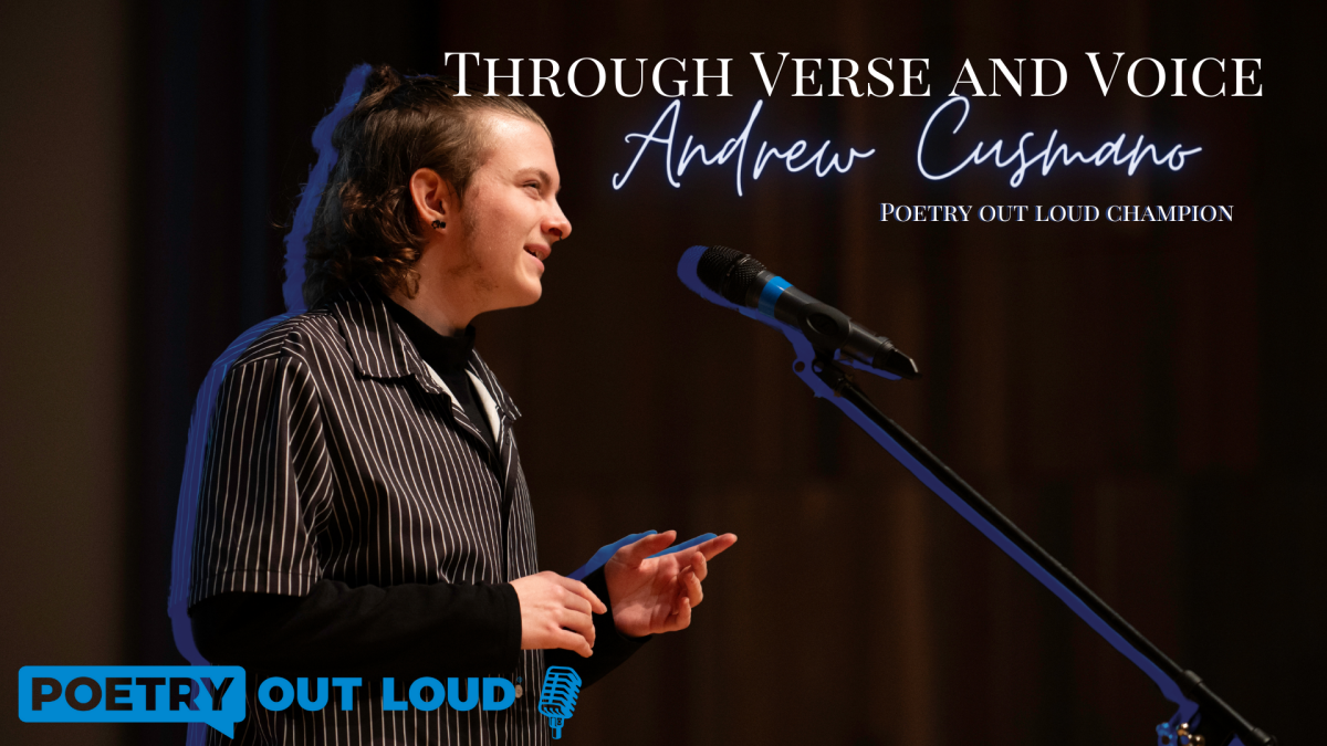 Graphic (by Kaylynn Crawford) depicting Andrew Cusmano performing his poem at the Poetry Out Loud State competition.