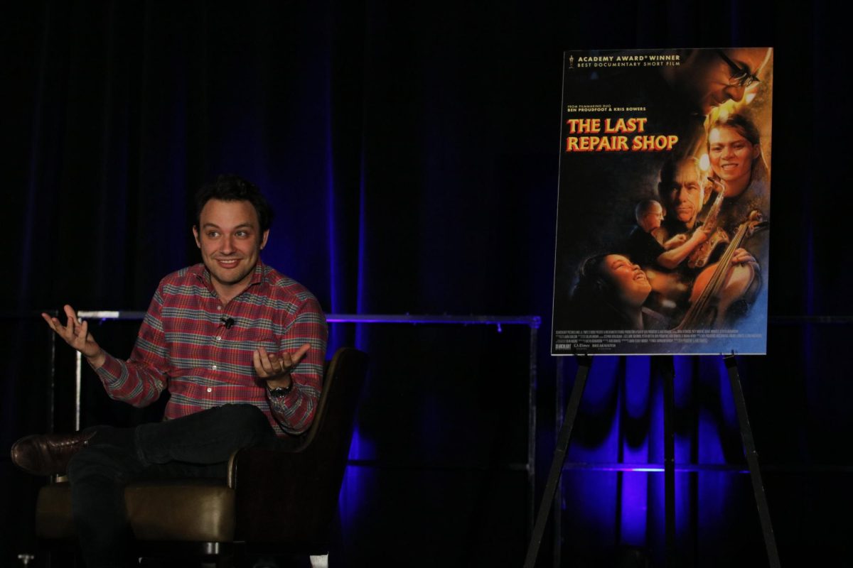 Canadian director Ben Proudfoot discussing his movie "The Last Repair Shop" during the National High School Journalism Convention in Seattle Washington. 