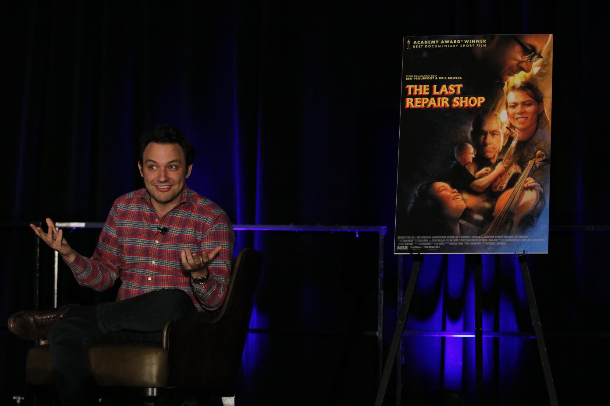 Canadian director Ben Proudfoot discussing his movie "The Last Repair Shop" during the National High School Journalism Convention in Seattle Washington. 