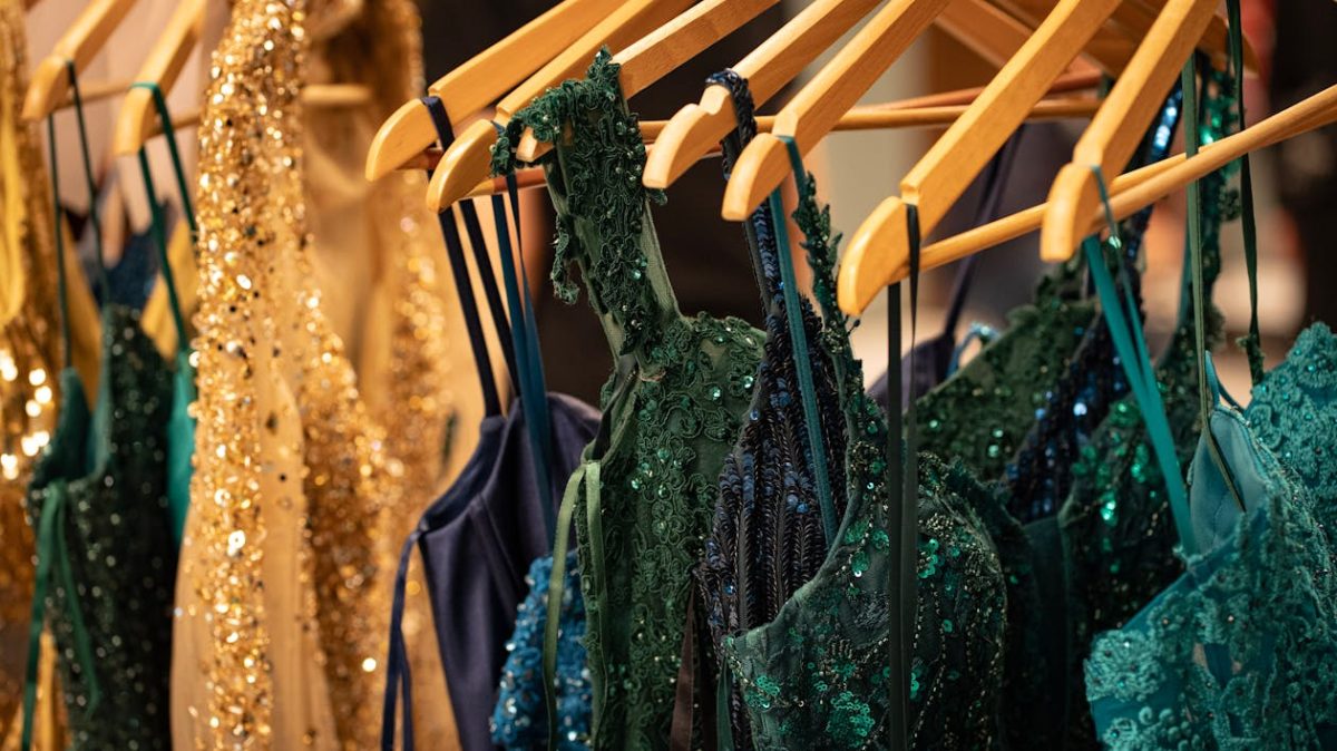 An array of many different styles of prom dresses. Many people look forward to prom and spend hours upon hours trying to find the perfect outfit for the big day. 