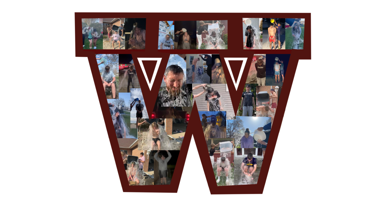 Students at waterloo west participating in the ice bucket challenge inside the outline of a W. This symbolizes the unity the challenge brough to West High.