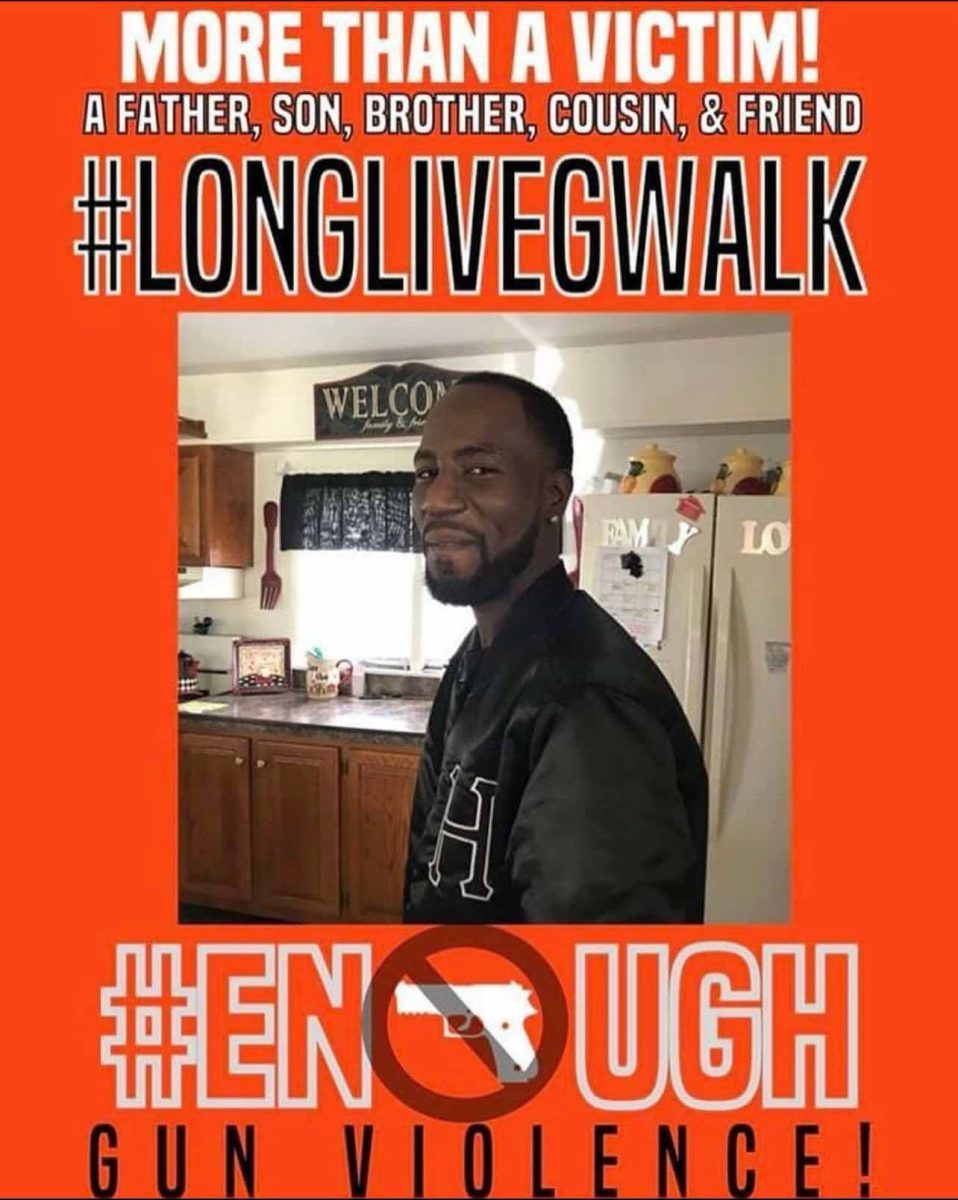 Graphic depicting Gregory Kent Walker Jr. forever 33 years old. Walker falling victim to violent gun fire. Over 13,000 innocent black men are shot and lose their life every year. 