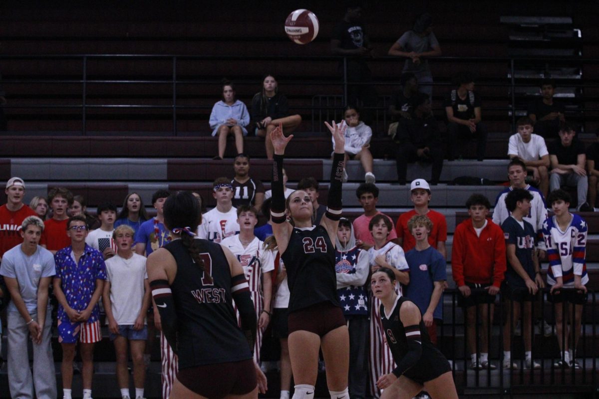 Senior and captain Ally Landers sets the ball in the game againt Dubuque Wahlert. 