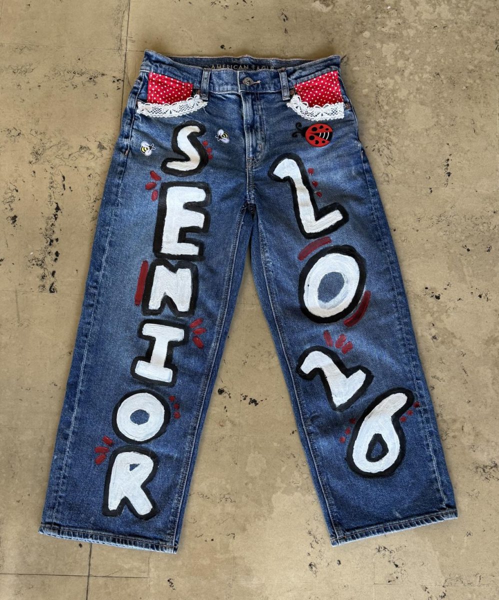 Senior Araceli Perez's jeans, which show detailed work with paint, patches, fabric and lace.