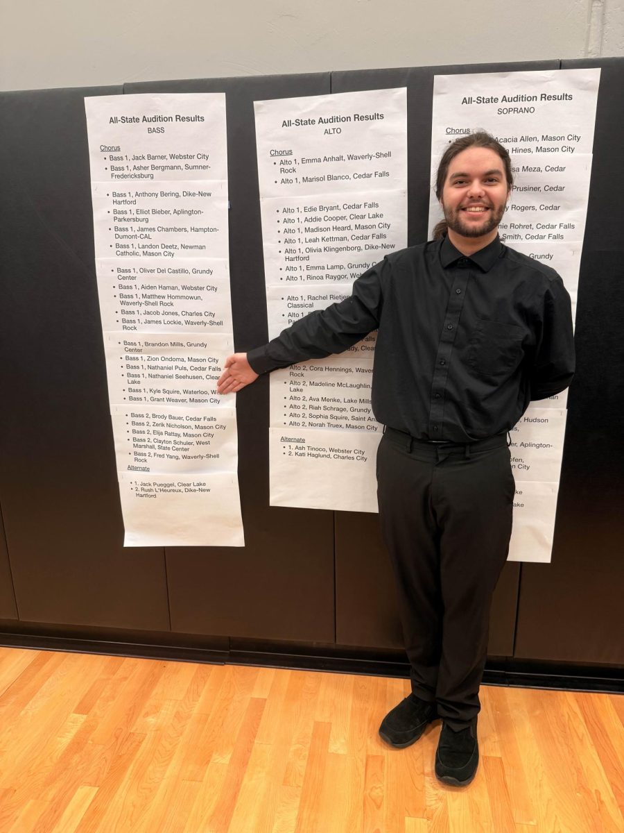 Senior Kyle Squire excitedly points to his name posted as an accepted student for All-State choir in the place of Bass I, the best possible spot for him. Photo courtesy of Kyle Squire. 