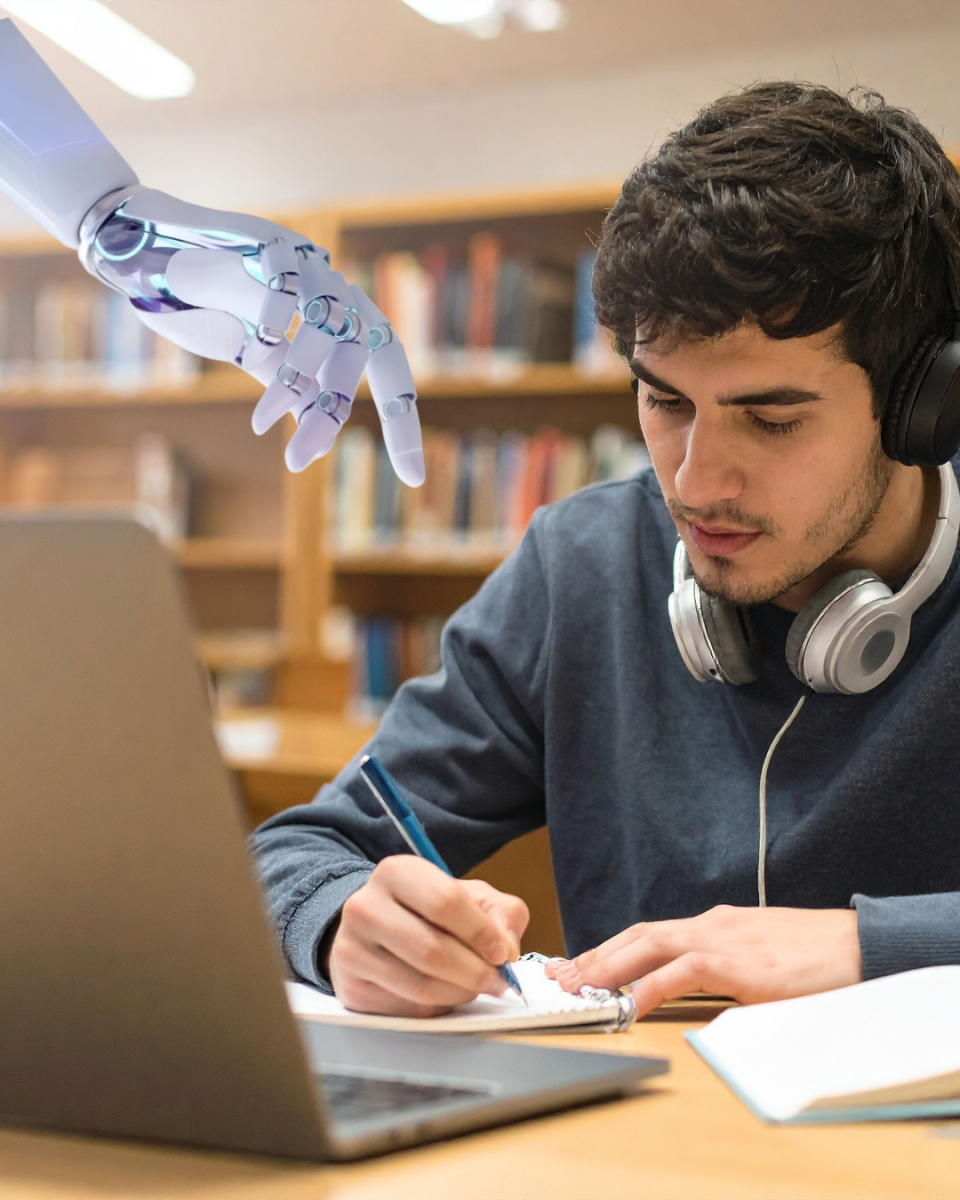 Student studying while AI takes over.