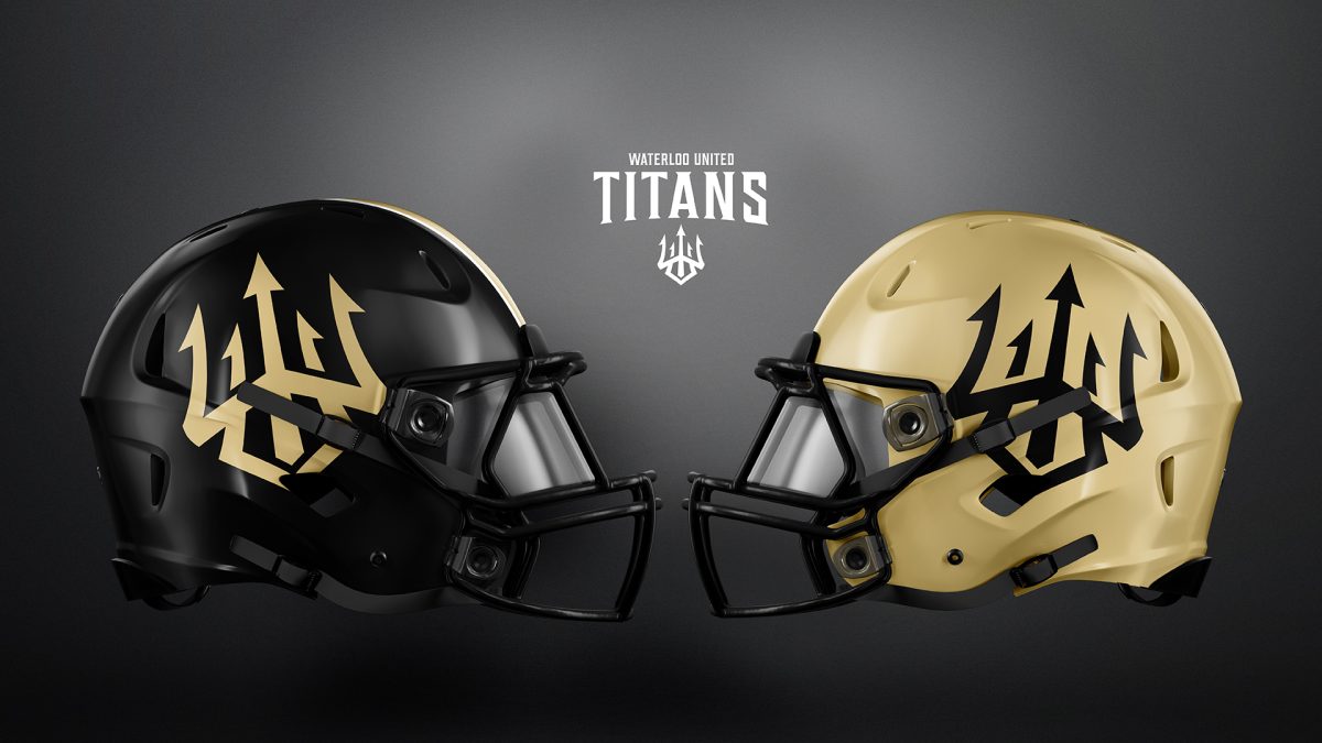 A mockup of football helmets for the Waterloo United Titans. 