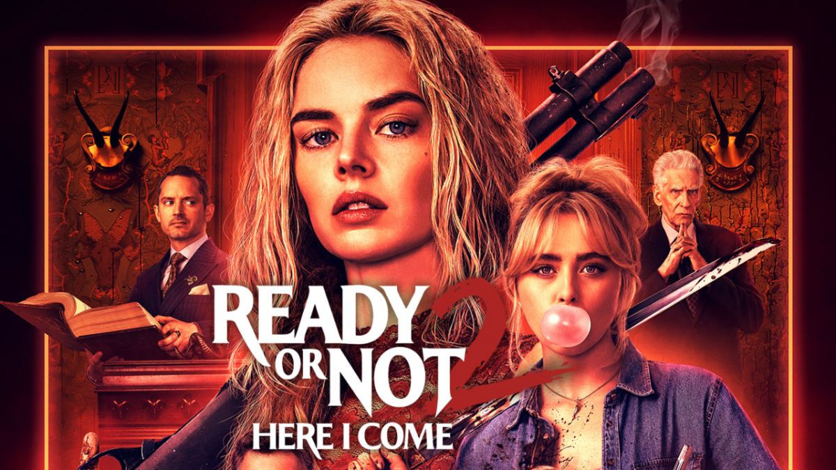 One of the official movie poster for Ready or Not 2: Here I Come. The poster features Grace, her sister, the devil lawyer, and the head of one of the families. 
