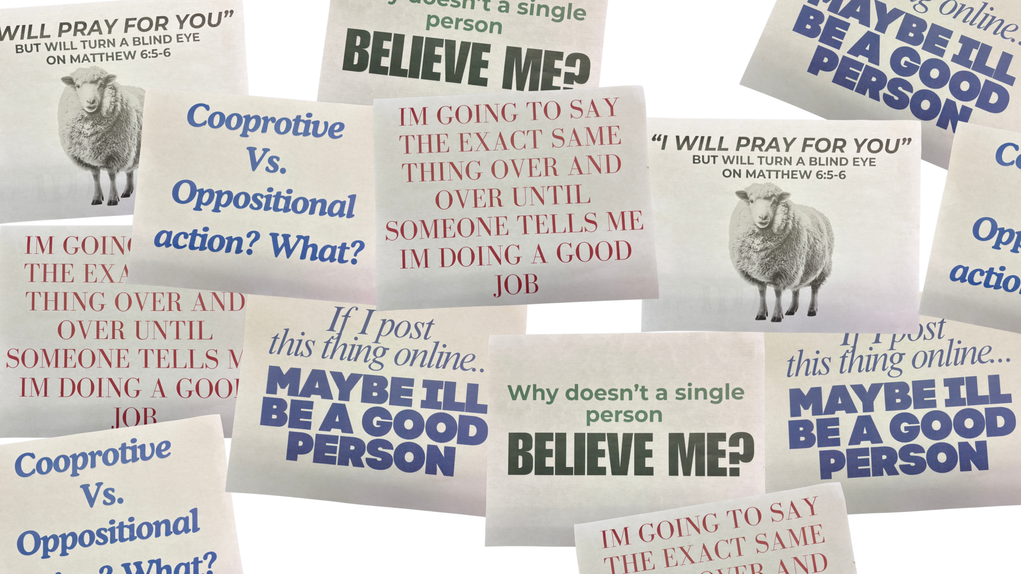 Different sheets of papers portraying different ideas or examples of what virtue signalling is.