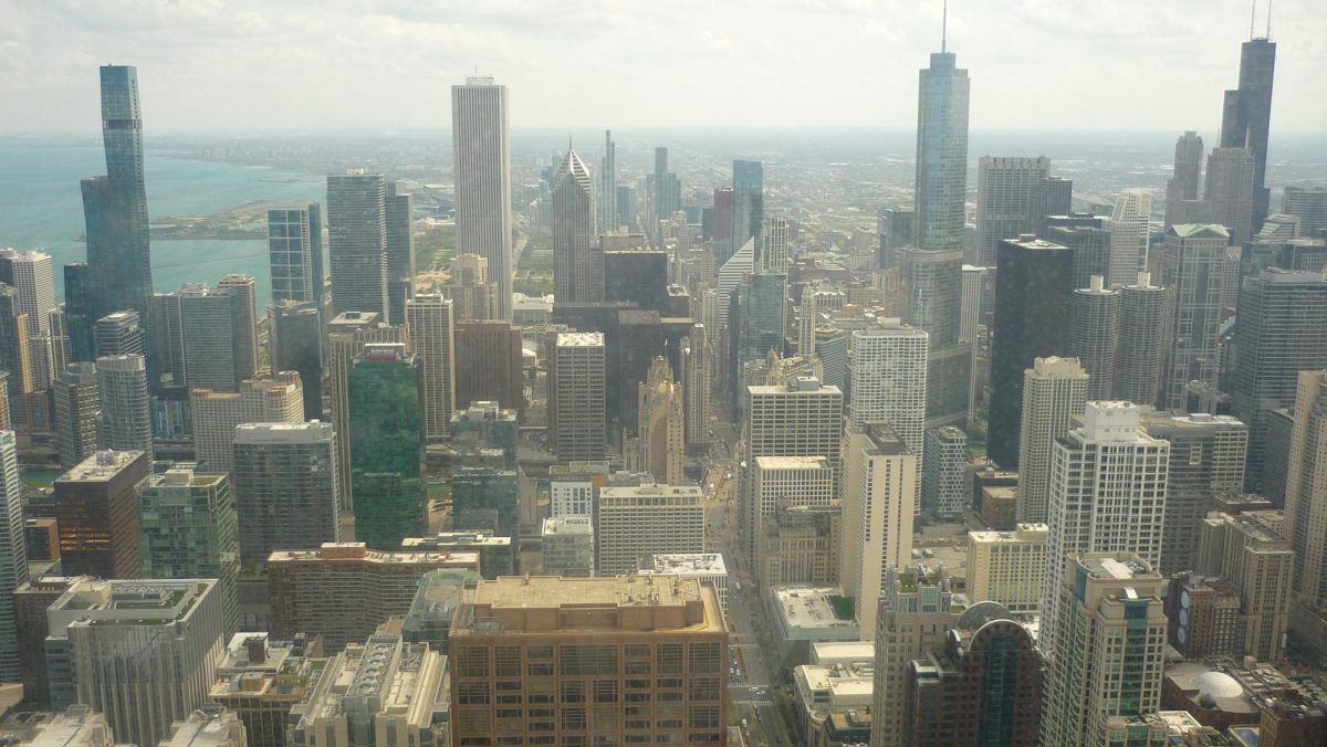 View of the city of Chicago from the highest viewing point of the Hancock Tower.