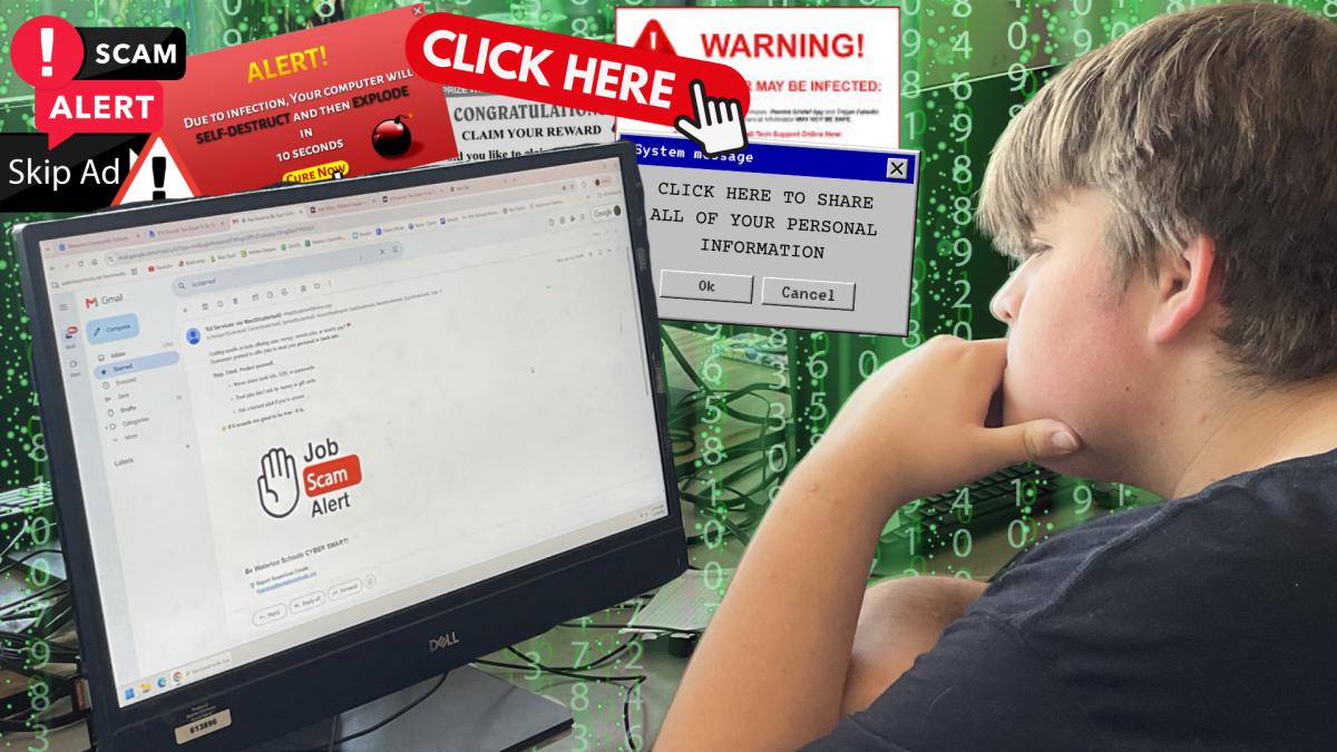 Anders Elliott-Ott stares at a cyber security email from the Waterloo district, surrounded by scam pop ups.